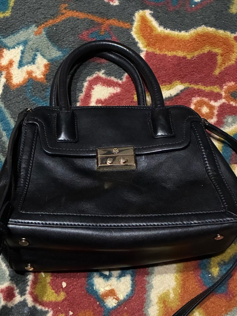Tory Burch Black Leather Top-Handle Satchel with Gold Hardware